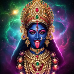 Vibrant and powerful depiction of goddess kali with cosmic nebula background and ornate jewelry