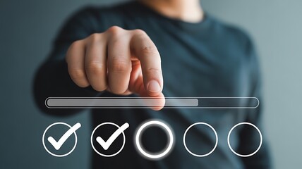 Hand selecting options with progress bar choosing check marks for process completion and task management