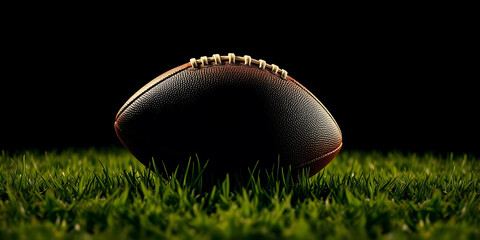 An American football rests on lush green grass under a dramatic, dark sky, with subtle light highlighting its texture, evoking an intense game atmosphere