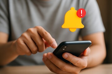Alert notification concept. Mobile error or problem, Reminder, Push Notifications. Person using smartphone with bell notification icon on virtual screen.