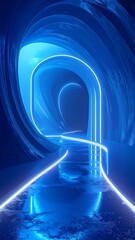 Rendered tunnel with neon lights, futuristic pathway, and reflective surface