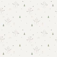 Snowman, snowflakes, Christmas tree on a light beige background, winter Christmas seamless pattern, vector illustration. New Year's pattern template for fabric, packaging, wrapping paper in pastel 