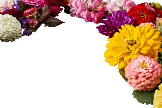 Corner floral arrangement with dahlias, isolated PNG, silo
