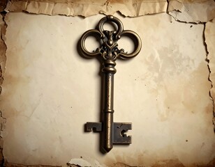 Antique Key on Aged Parchment - A Symbol of Mystery and History.