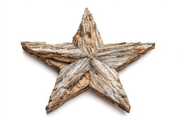 Rustic wooden star shape made from weathered bark pieces rests flat against a clean white background.