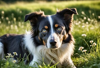 Fototapeta premium Border collie close-up in meadow. Backlit grass, bright eyes and creamy bokeh, warm evening tone. Outdoor pet portrait.