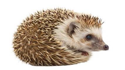 Isolated European hedgehog curled up in a ball, spines visible, ready to protect itself