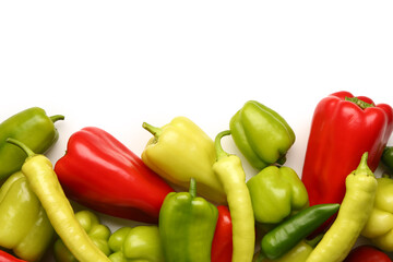 Different fresh peppers on white background
