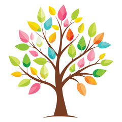 Obraz premium Colorful Spring Tree Vector Icon with Seasonal Leaves on White Background – Nature, Seasonal, and Botanical Flat Design