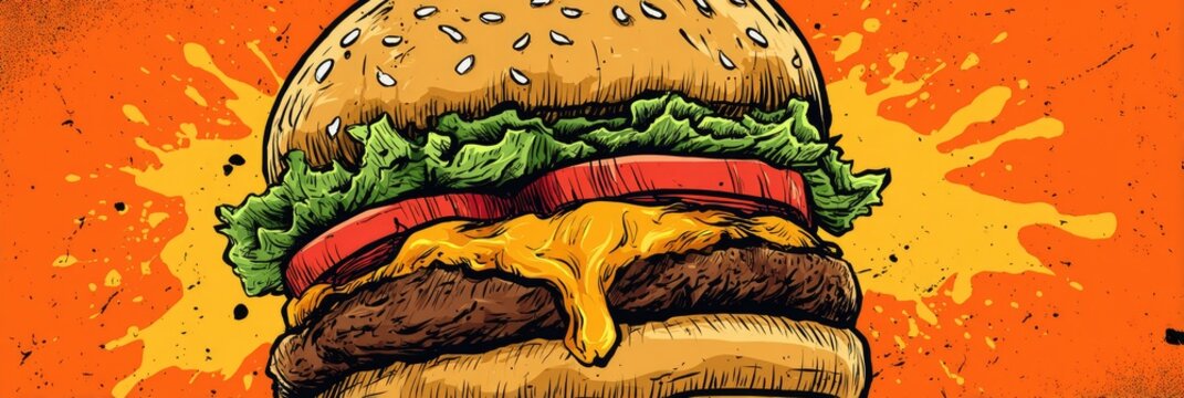 Delicious, layered hamburger art on orange splatter