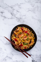 fried noodles with chicken meat and vegetables, Bami Goreng, Indonesian dish, no people,