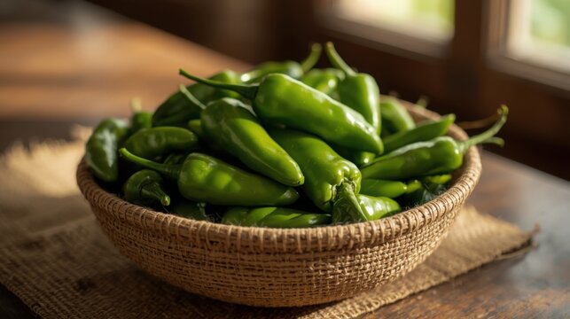Fresh padron peppers in a woven basket on a rustic wooden table near a window