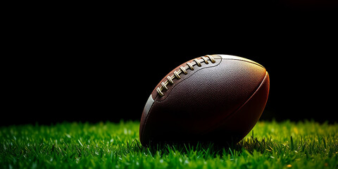 An American football rests on lush green grass under a dramatic, dark sky, with subtle light highlighting its texture, evoking an intense game atmosphere