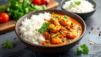 Savory meal with rice and shrimp in a rich, orange curry sauce