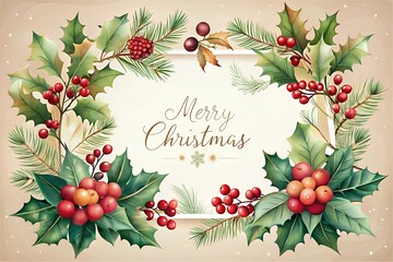 Elegant christmas wreath with holly and berries and merry christmas text