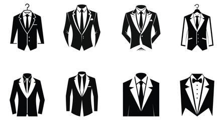 Suit Icon Set Vector Black Silhouette of Formal Business Suits, Tuxedos, and Jackets with Tie and Bow Tie for Fashion, Clothing Design, and Corporate Style Illustration