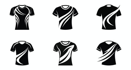 Abstract Sports T-Shirt Icon Set Vector Black Silhouette of Athletic Apparel, Modern Jersey, and Stylish Wave Pattern Design for Fashion, Sportswear, and Clothing Branding