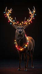 Majestic deer with colorful Christmas lights on dark background
