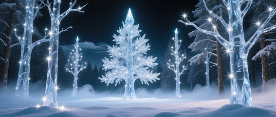 ccccccGlowing winter tree in snowy forest at night with magical light