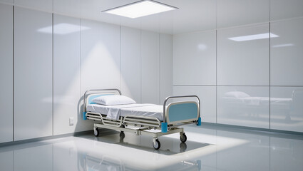 Empty hospital room with single bed and bright clean interior