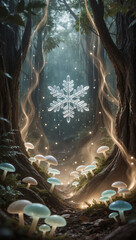 Magical winter forest with glowing mushrooms and snowflake light