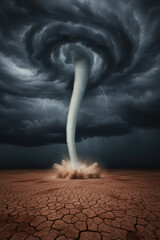Tornado in barren landscape, powerful storm twisting through cracked dry earth and dramatic desert sky