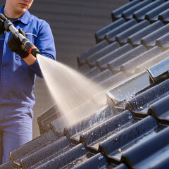 Worker cleaning roof tiles with high pressure water jet
