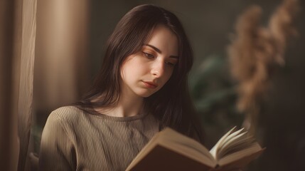 Naklejka premium Young woman lost in thought reading a book peaceful indoor portrait warm lighting evokes serenity