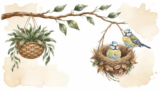Watercolor blue tits in rustic nest on branch with hanging plant
