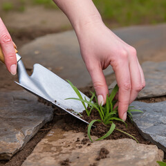Gardener removing weeds between stone tiles with hand trowel