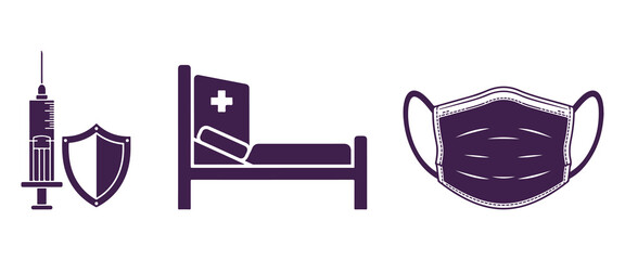 Purple Syringe Shield Bed and Face Mask Icons on White Background needle protection