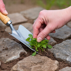 Hand removing weeds with garden trowel between stone pavement