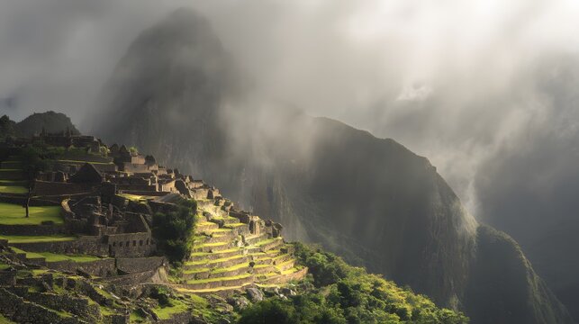 Mystical Machu Picchu emerges from mist a breathtaking Peruvian mountain landscape
