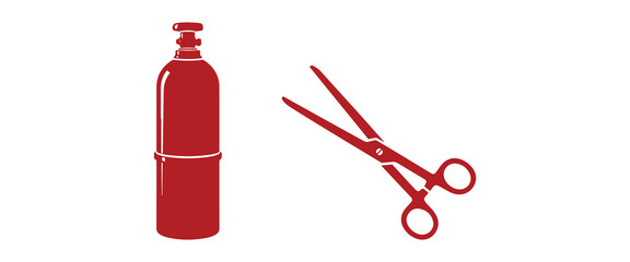 Red Medical Gas Cylinder and Surgical Scissors Icons on White Background oxygen tank