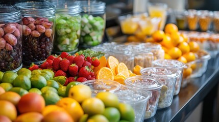 A vibrant display of healthy snacks and hydration options recommended for sauna users.
