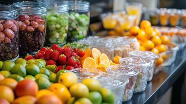 A vibrant display of healthy snacks and hydration options recommended for sauna users.