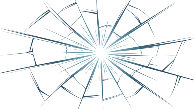 Shattered glass effect with radial blue cracks, conveying fragility, damage, or a breakthrough moment against a transparent backdrop, ideal for digital design