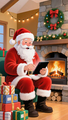 Santa Claus sitting by fireplace reading tablet on Christmas Eve