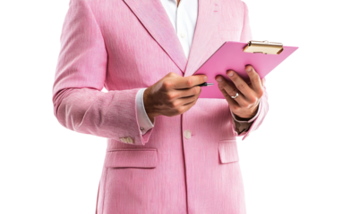 Stylish editor reviewing designs with notes and pen capturing attention to detail and fashion expertise isolated on transparent background PNG