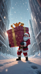 Santa Claus carrying giant Christmas gift in snowy city street