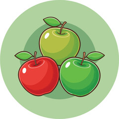 Fresh red and green apples vector illustration with leaves on green background healthy fruit design