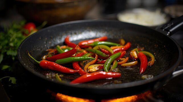 Red and green chili peppers sizzling in a hot pan on a stove top burner
