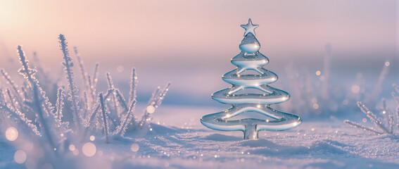 Glass Christmas tree in snowy winter landscape at sunrise