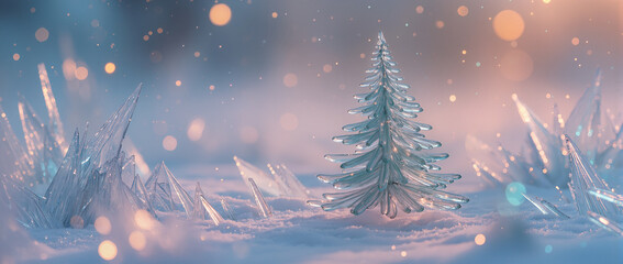 Frosty winter landscape with glowing lights and crystal formations