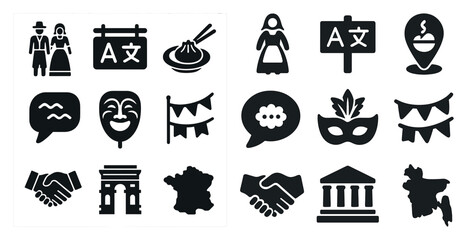 Naklejka premium Cultural celebration solid icons set – festival, mask, landmark symbols