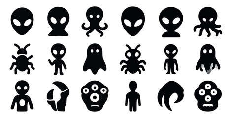 Alien and monster silhouette icons set – spooky, creature, extraterrestrial symbols
