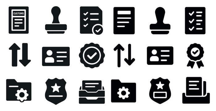 Business and office solid icons set – filled, corporate, work essentials