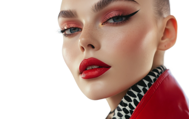 High fashion portrait of model highlighting dramatic eyebrows and striking lip color representing artistic beauty isolated on transparent background PNG