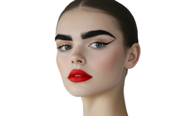 Trendy editorial model with bold makeup emphasizing creative styling and fashion photography isolated on transparent background PNG