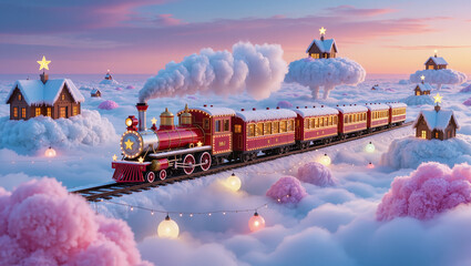 Christmas train traveling through magical snowy clouds at sunrise